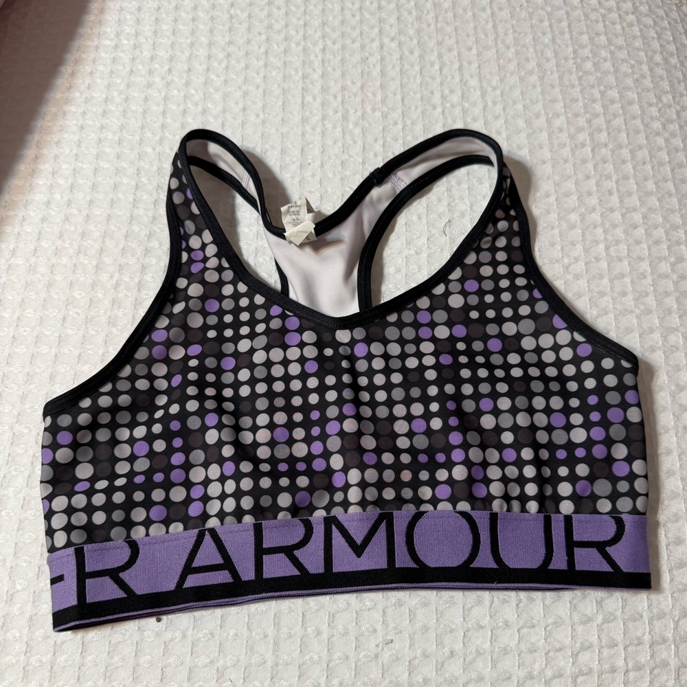 Small Under Armour sports bra. Black with purple polka dots